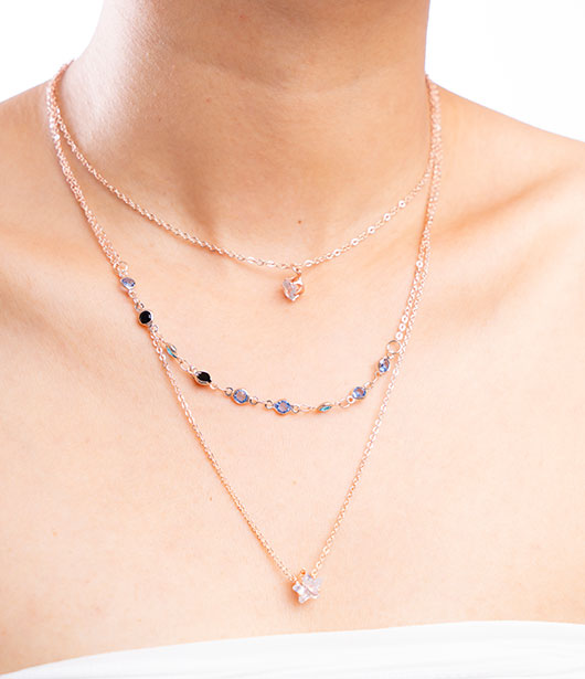 Rose Gold Triple-Layer Blue Stone and Crystal Charm Necklace