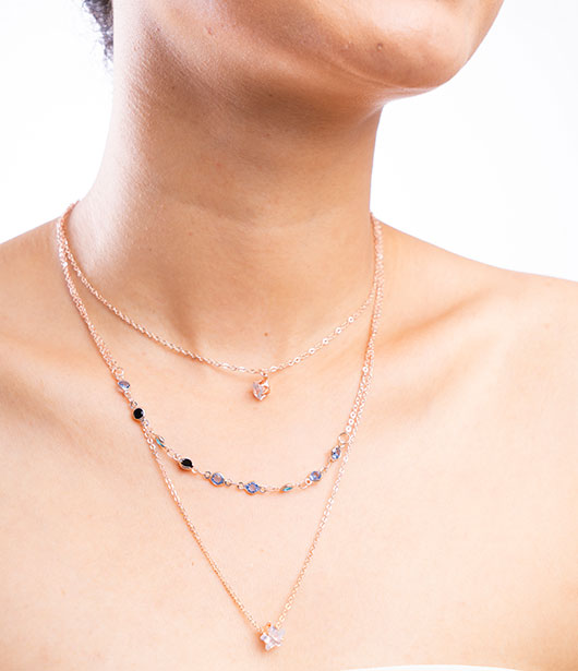 Rose Gold Triple-Layer Blue Stone and Crystal Charm Necklace