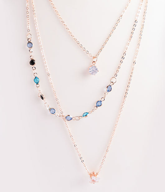 Rose Gold Triple-Layer Blue Stone and Crystal Charm Necklace