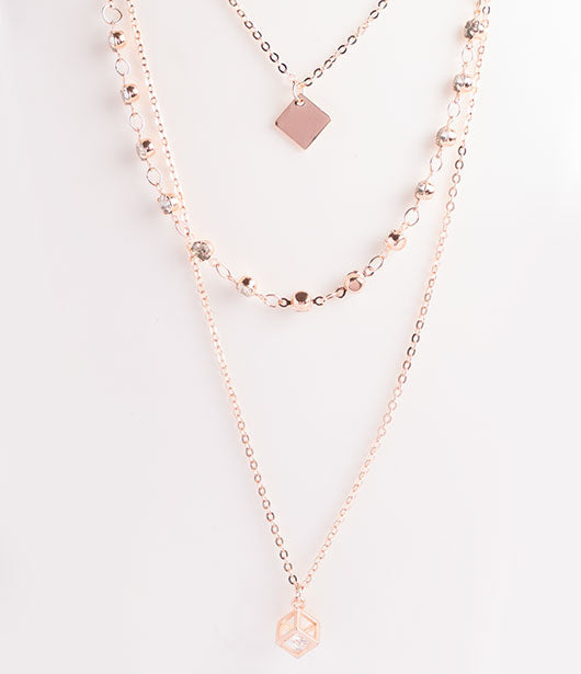 Rose Gold Cube Pendant Layered Necklace