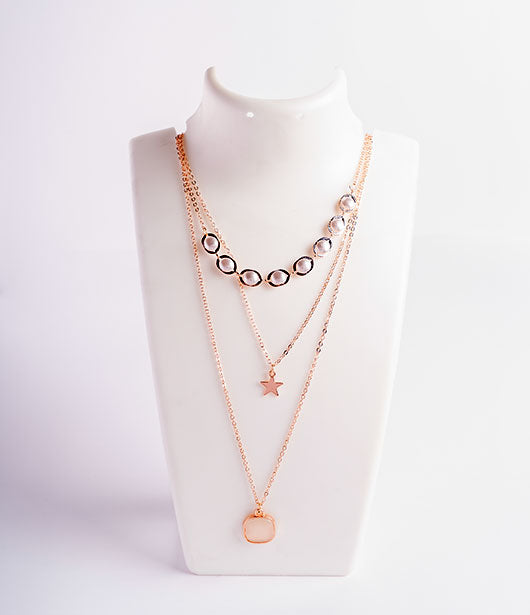 Rose Gold Triple-Layered Star and Circle Necklace