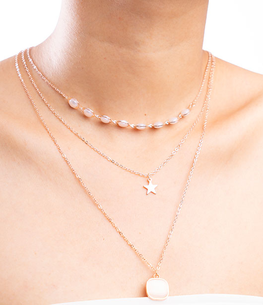 Rose Gold Triple-Layered Star and Circle Necklace