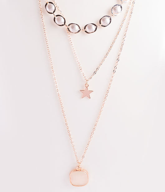 Rose Gold Triple-Layered Star and Circle Necklace