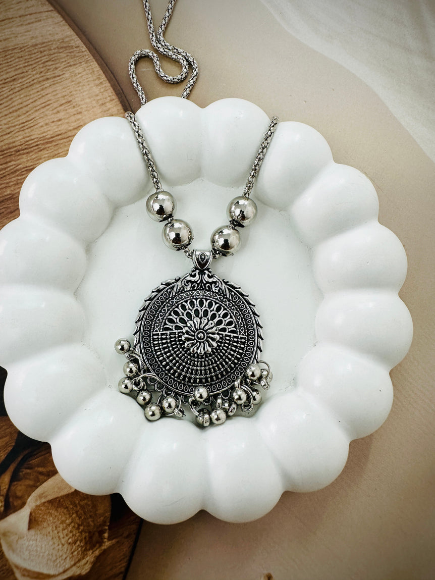 Oxidized Silver Round Pendant Necklace with Bead Accents