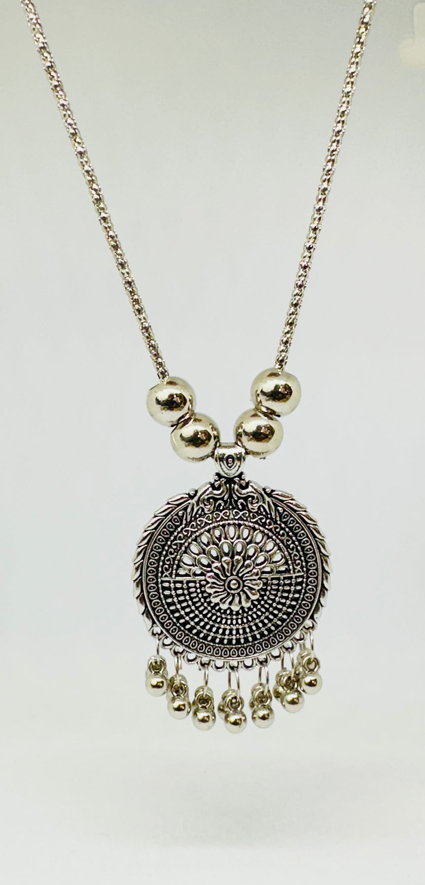 Oxidized Silver Round Pendant Necklace with Bead Accents