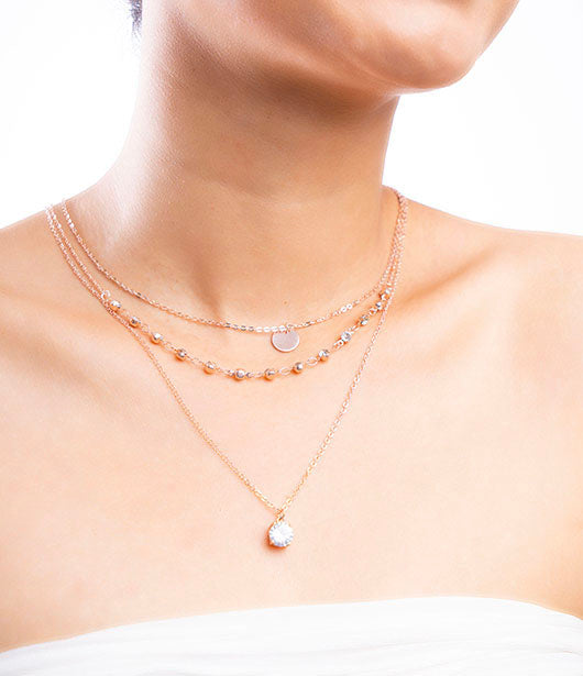 Rose Gold Three-Layer Necklace with Cubic Zirconia Pendant