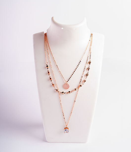 Rose Gold Three-Layer Necklace with Cubic Zirconia Pendant