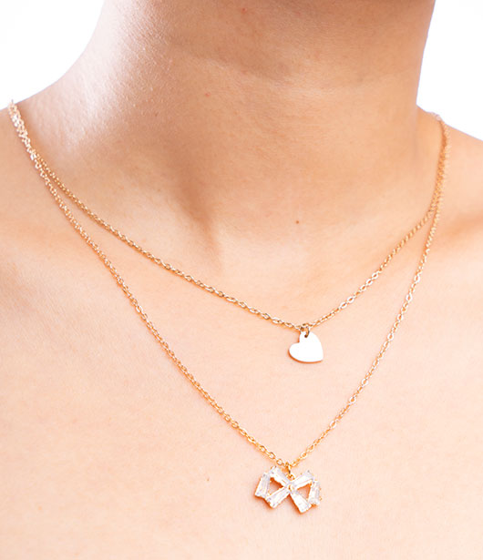 Double-Layer Heart and Bow Necklace