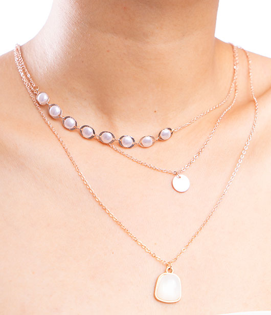 Triple-Layer Rose Gold Pearl Necklace