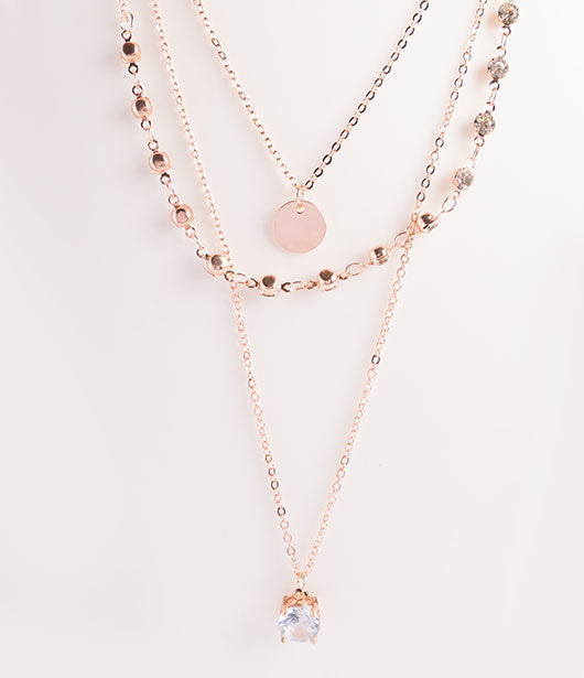 Rose Gold Three-Layer Necklace with Cubic Zirconia Pendant