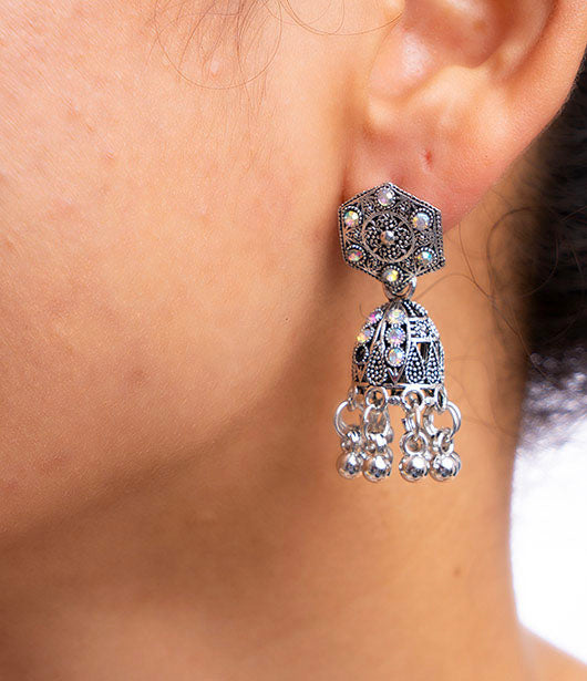 Oxidised Jhumka Earrings with Hexagonal Top