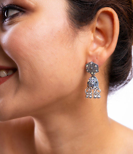 Oxidised Jhumka Earrings with Hexagonal Top