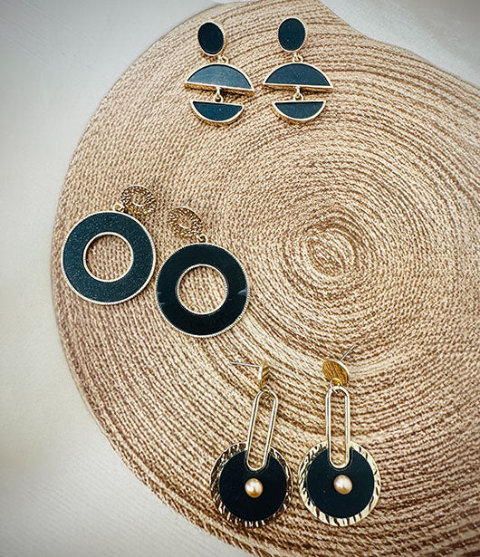 Black and Gold Geometric Earring Set  [PAIR OF 3]