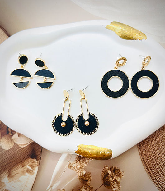 Black and Gold Geometric Earring Set  [PAIR OF 3]