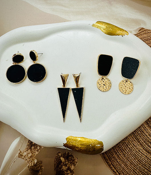 Black & Gold Modern Geometric Earring Set [ PAIR OF 3 ]