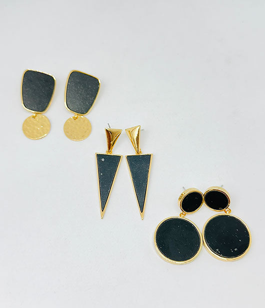 Black & Gold Modern Geometric Earring Set [ PAIR OF 3 ]