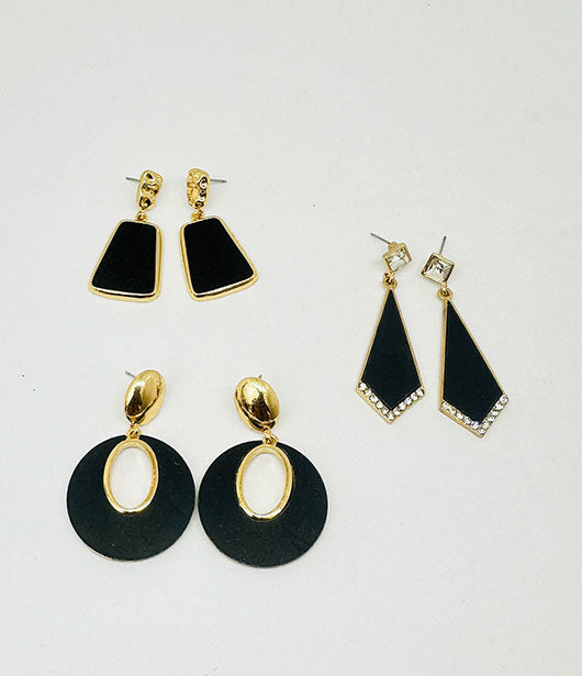 Black & Gold Statement Earring Set  [ PAIR OF 3 ]