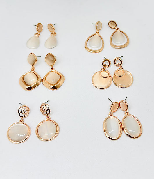 Elegant Gold and White Dangle Earring Set [PAIR OF 6 ]