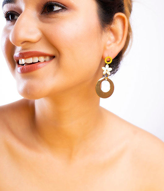 Floral Gold Disc Drop Earrings