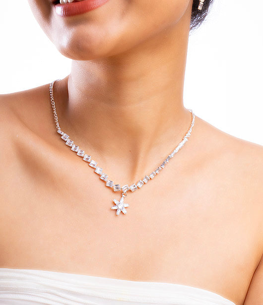 Elegant Silver-Toned Starburst Necklace and Earrings Set