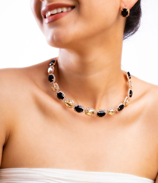 Black and Gold Oval Link Necklace and Earrings Set