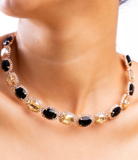 Black and Gold Oval Link Necklace and Earrings Set