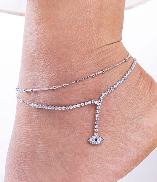 Evil Eye Silver Crystal Anklet