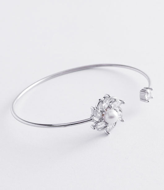 Silver Floral Crystal Open Cuff Bracelet