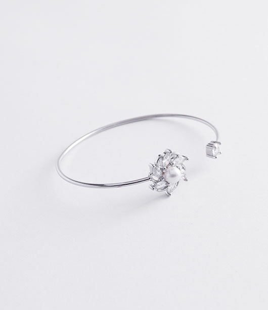 Silver Floral Crystal Open Cuff Bracelet