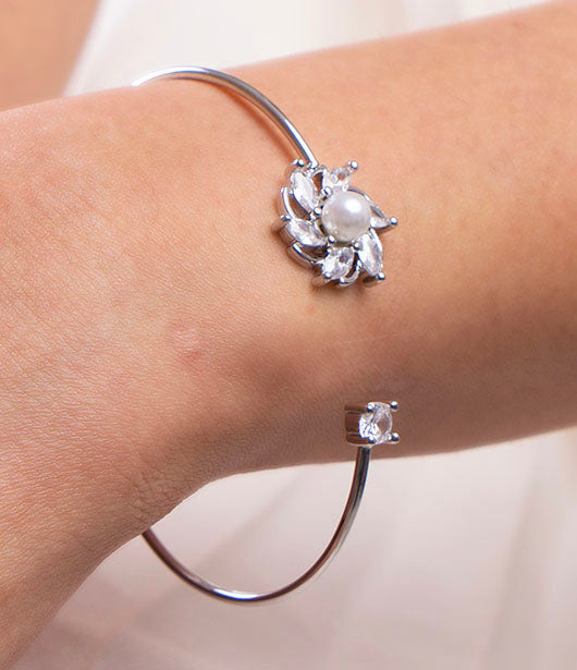 Silver Floral Crystal Open Cuff Bracelet