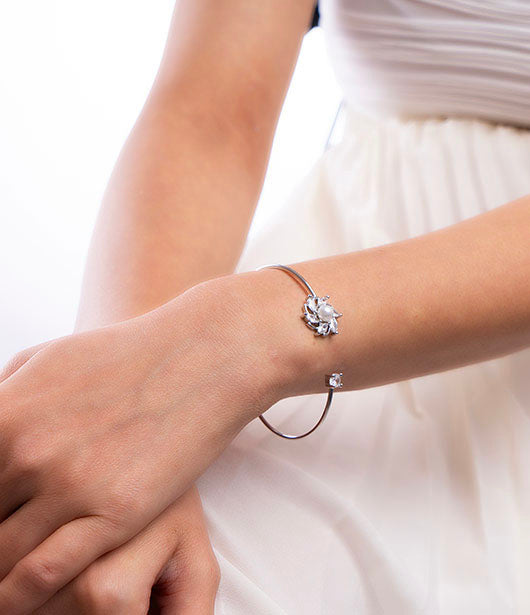 Silver Floral Crystal Open Cuff Bracelet