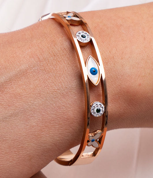 Rose Gold Evil Eye Charm Bangle Bracelet