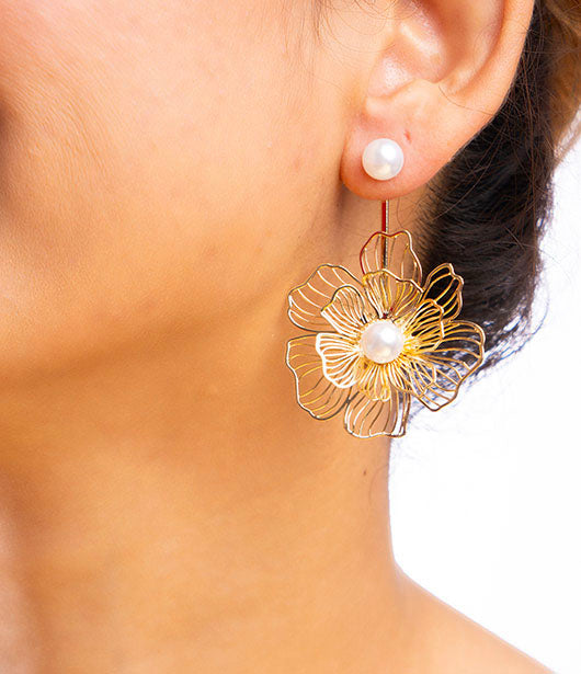 Gold Floral Wirework Earrings with Pearl Accent