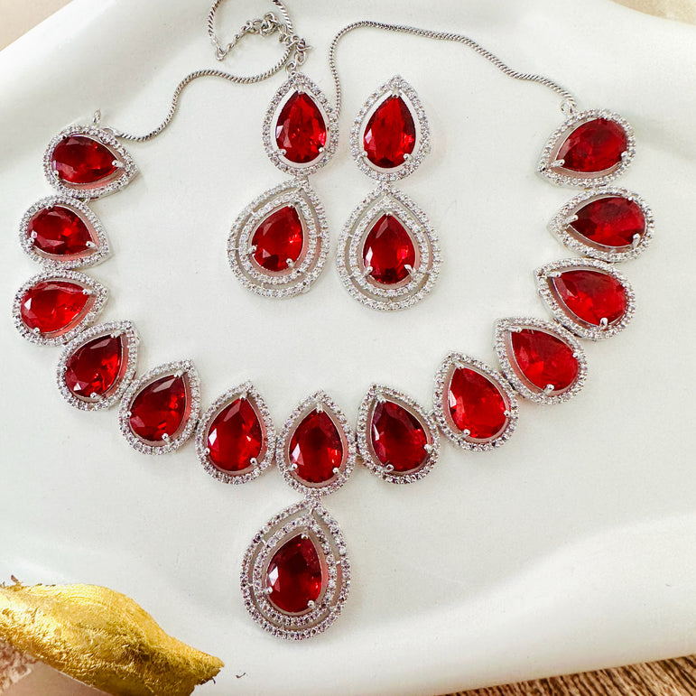 Radiant Red Crystal Necklace and Earring Set