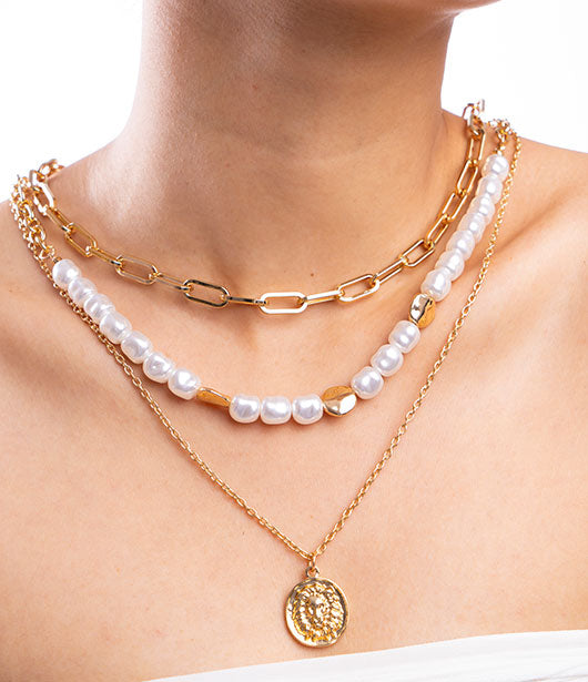 Gold Layered Pearl Chain Necklace