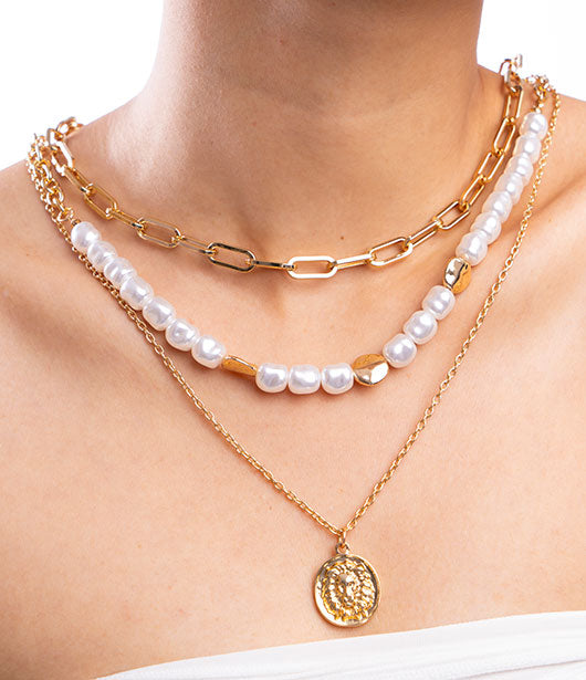 Gold Layered Pearl Chain Necklace