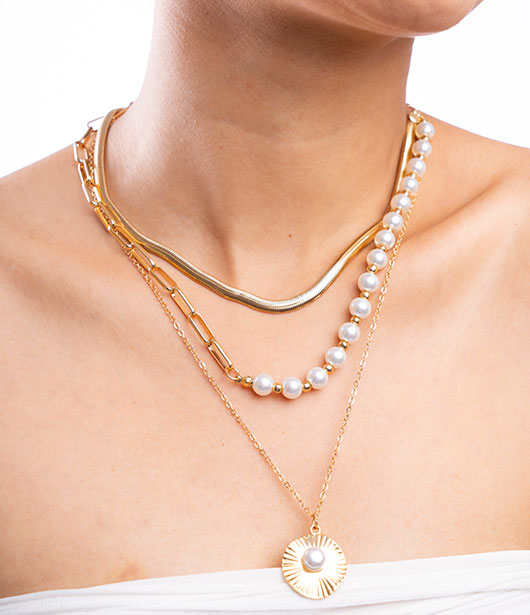 Gold Layered Pearl and Medallion Necklace