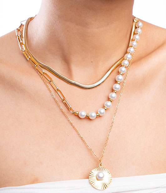 Gold Layered Pearl and Medallion Necklace