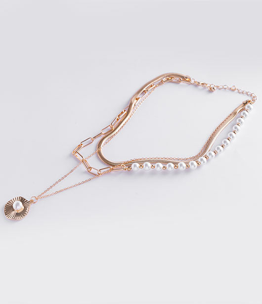 Gold Layered Pearl and Medallion Necklace