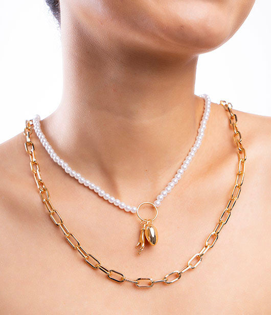 Dual-Strand Pearl and Gold Link Necklace