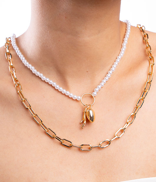 Dual-Strand Pearl and Gold Link Necklace