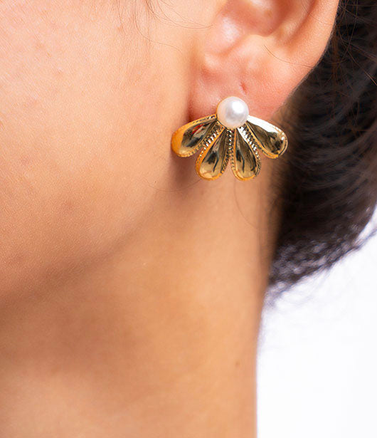 Golden Petal Pearl Stud Earrings