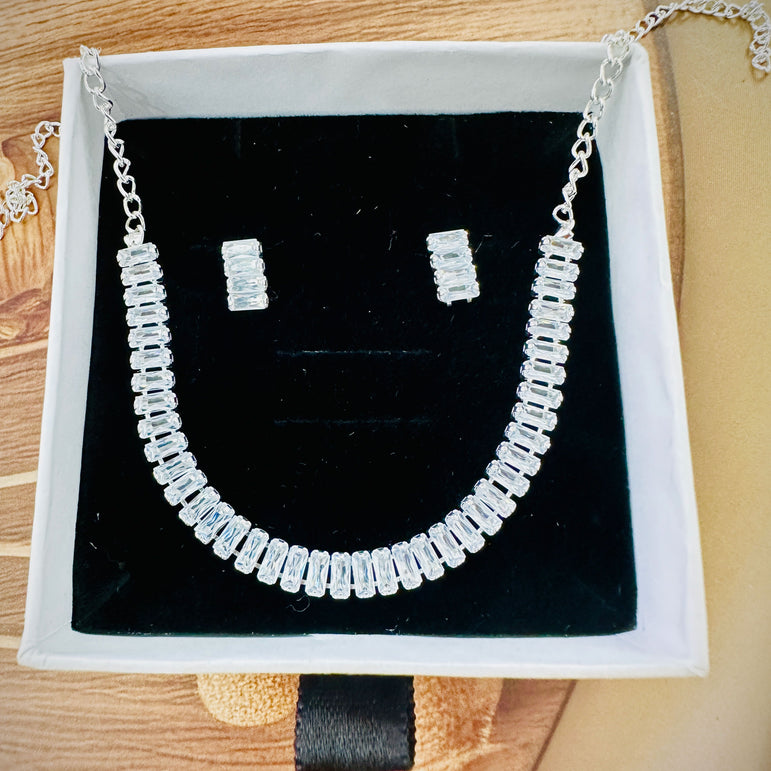 Silver-Tone Crystal Necklace and Earring Set