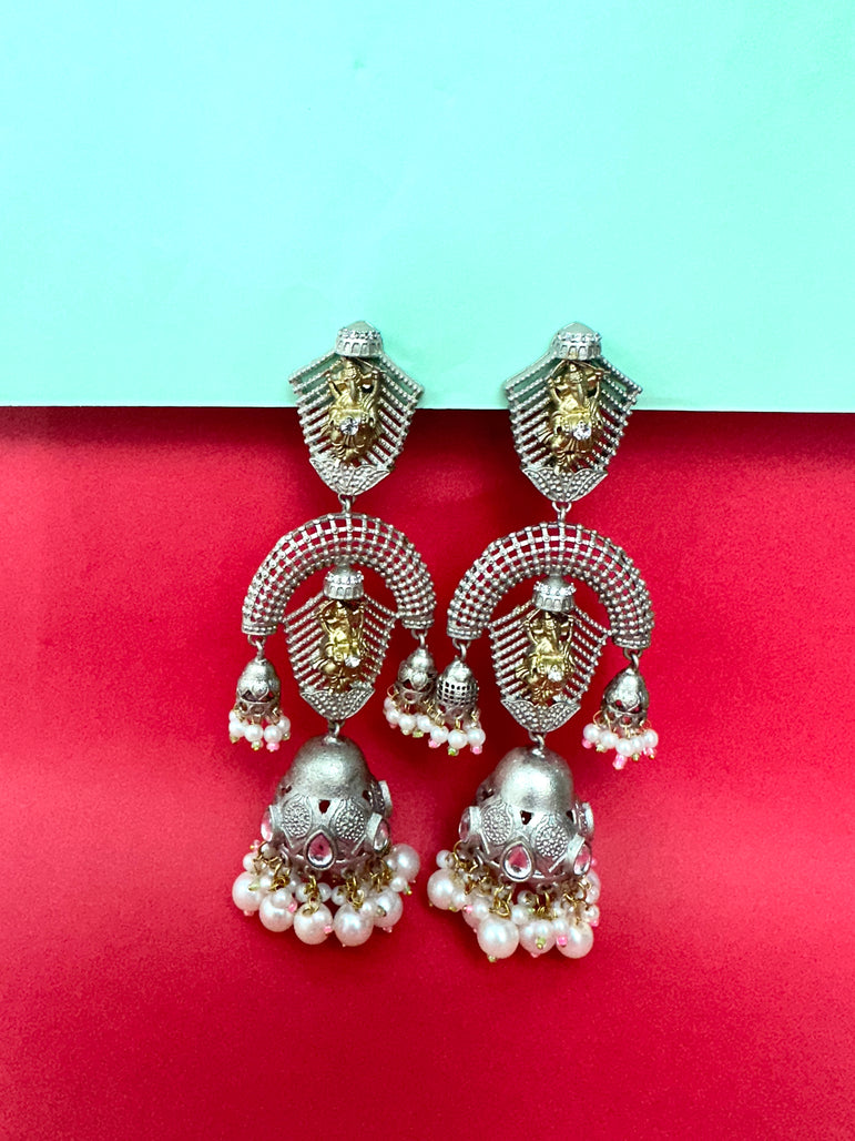 Traditional Pearl and Brass Statement Earrings