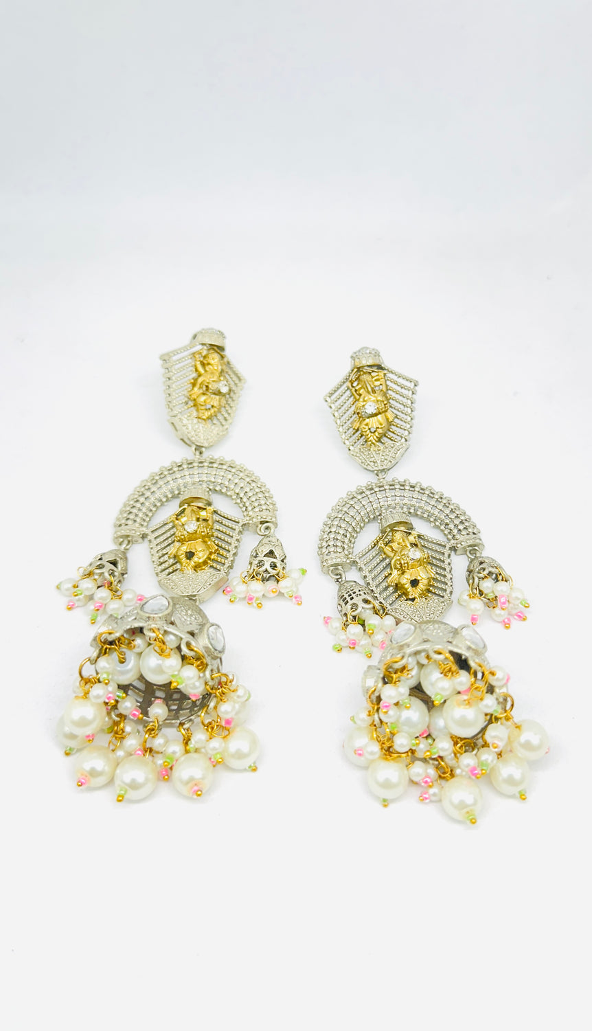 Traditional Pearl and Brass Statement Earrings