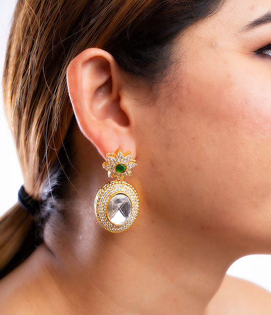 Gold-Tone Oval Crystal and Green Gemstone Earrings