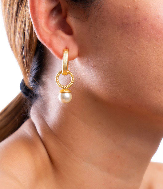 Gold Hoop Brass Earrings with Pearl Accent