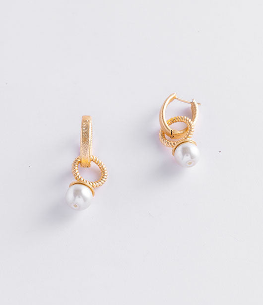 Gold Hoop Brass Earrings with Pearl Accent