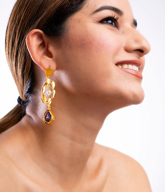 Gold Geometric Drop Earrings with Stone and Pearl Accents