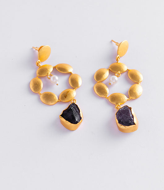 Gold Geometric Drop Earrings with Stone and Pearl Accents